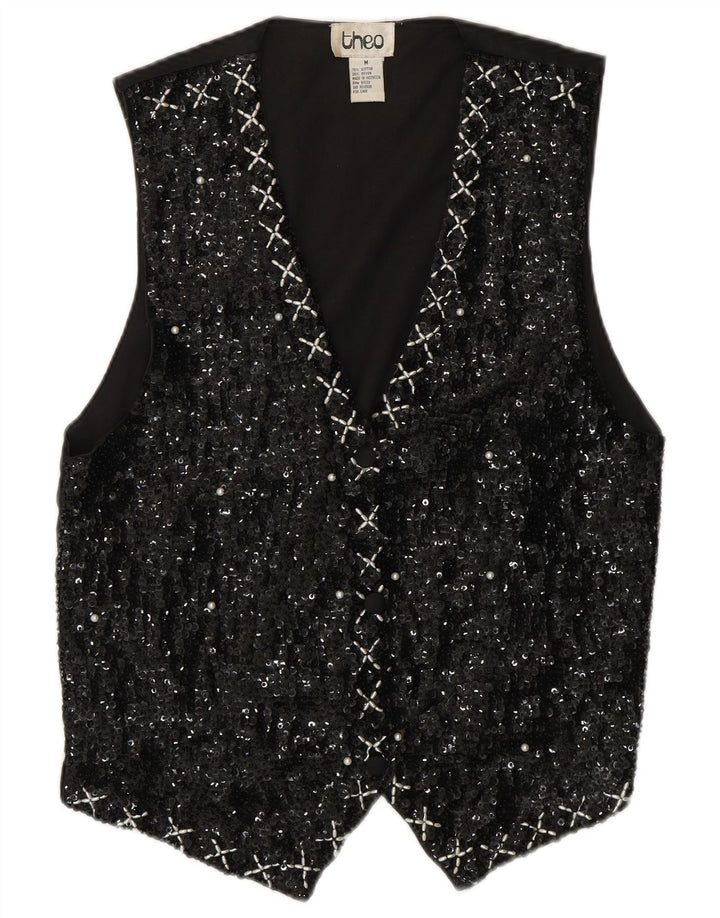 VINTAGE Dame Pailletvest UK 14 Medium Sort Bomuld 80'erne