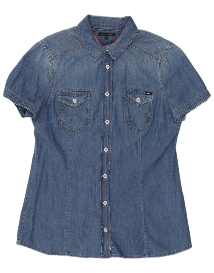 Tommy Hilfiger kortærmet denimskjorte til kvinder US 10 Stor blå bomuld