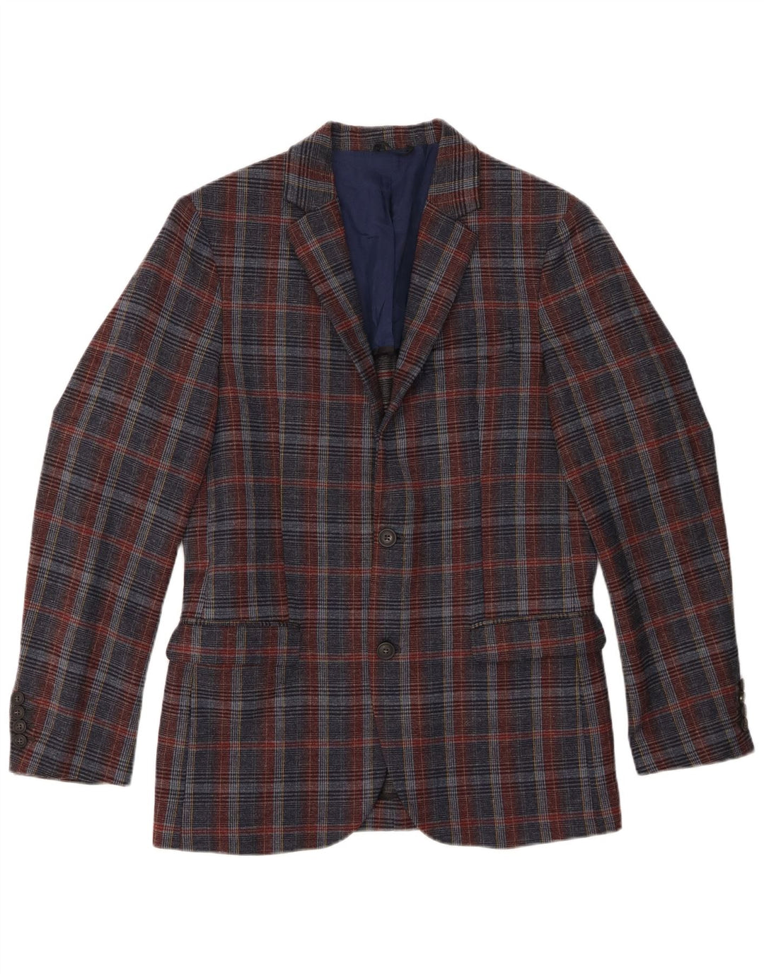 Benetton Herre 2-knaps blazerjakke UK 38 Medium Navyblå Plaid Uld