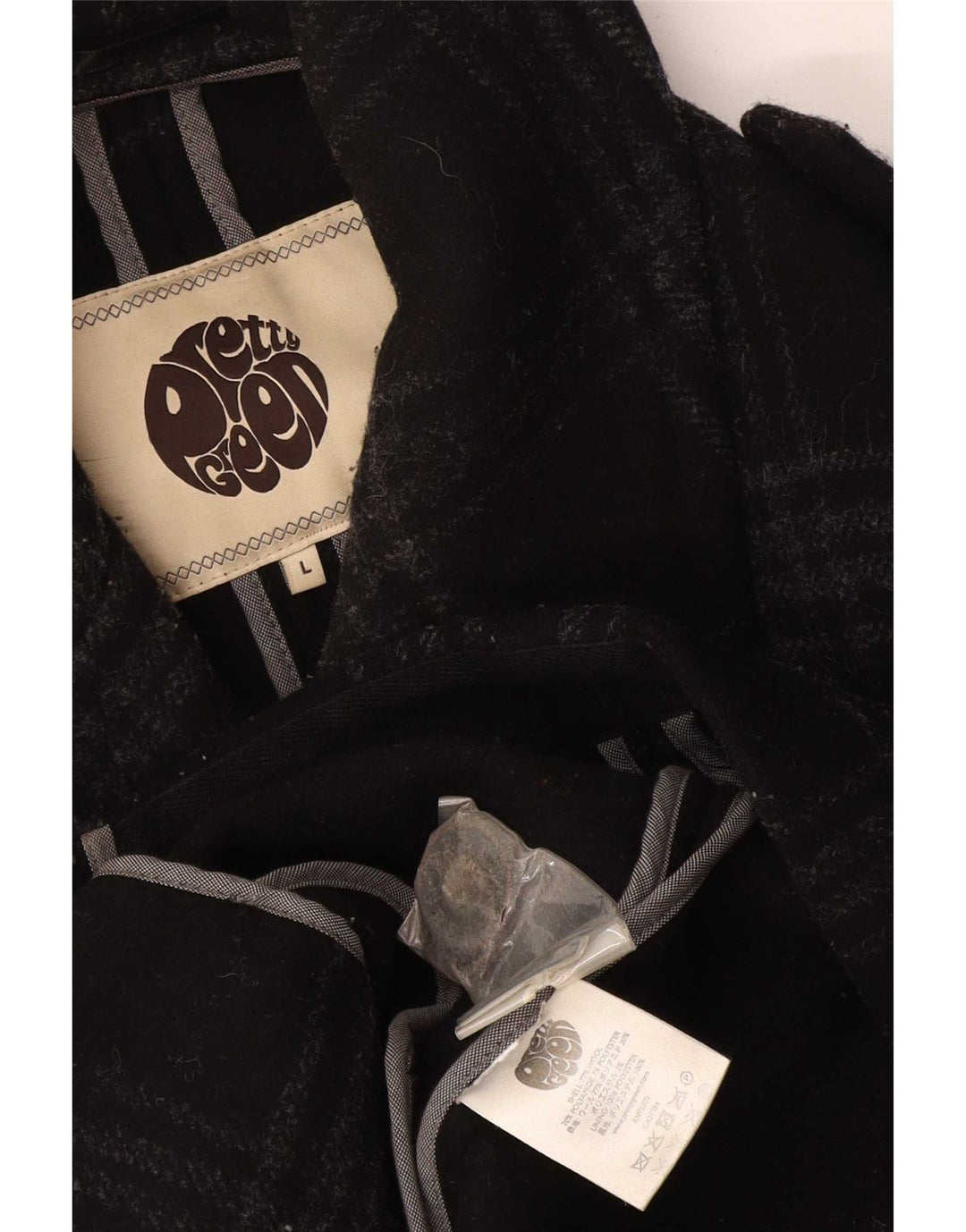 Pretty Green Men Pea Coat UK 40 Large Black Check Wool
