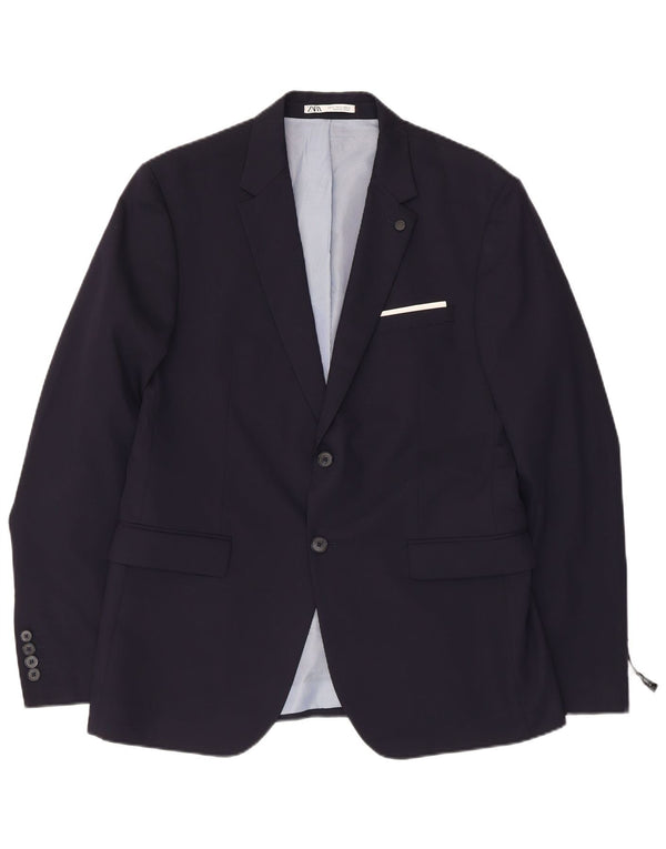 Zara Mens 2 Button Blazer Jacket EU 52 Large Navy Blue Viscose