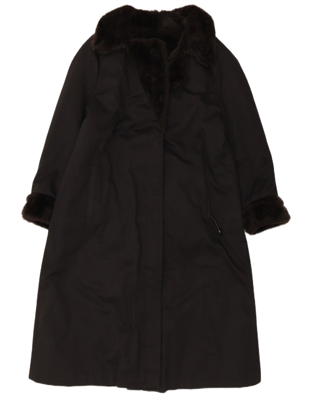 VINTAGE Dame imiteret Pels Overfrakke UK 12 Medium Sort Akryl