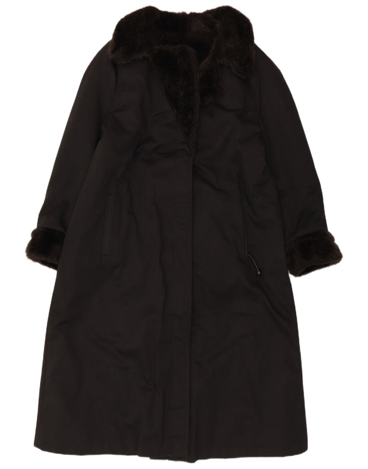 VINTAGE Dame imiteret Pels Overfrakke UK 12 Medium Sort Akryl