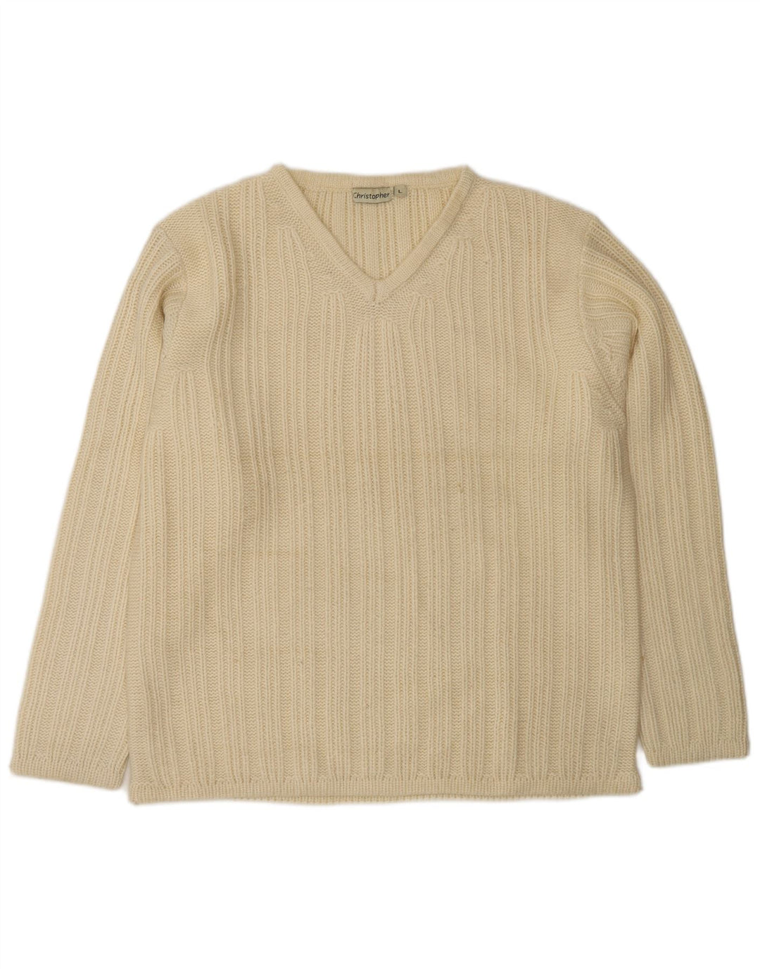 VINTAGE Herre V-hals sweater Large Off White Uld