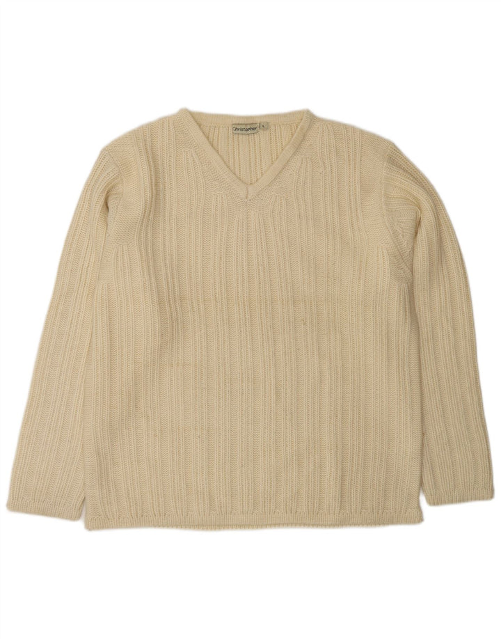 VINTAGE Herre V-hals sweater Large Off White Uld