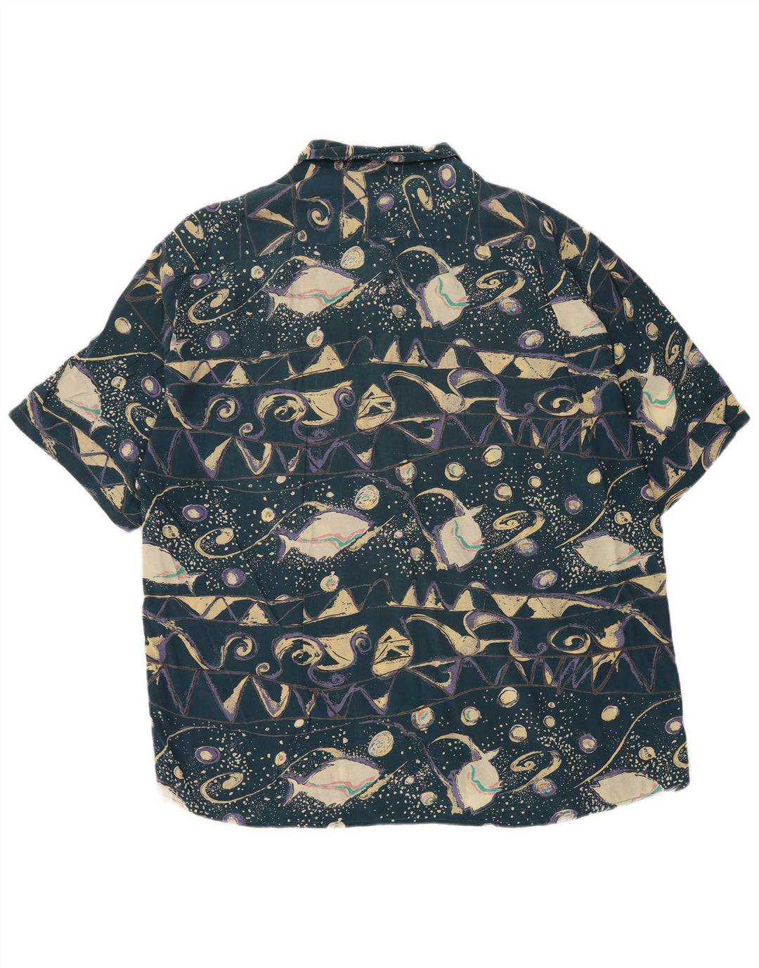 Vintage herre abstrakt mønster kortærmet skjorte XL blå viskose retro