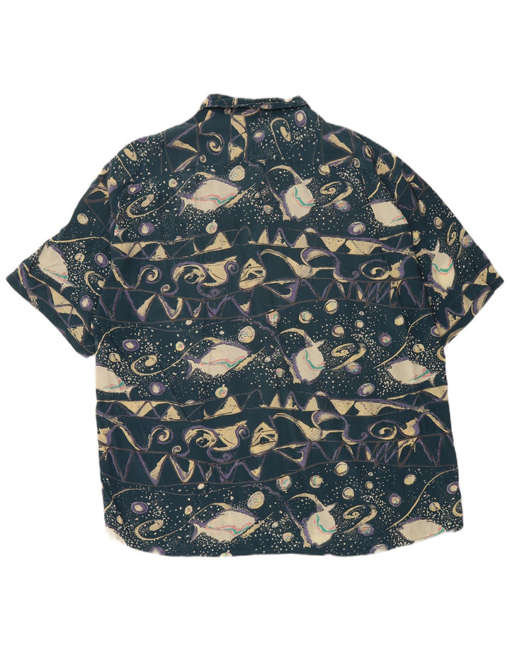 Vintage herre abstrakt mønster kortærmet skjorte XL blå viskose retro