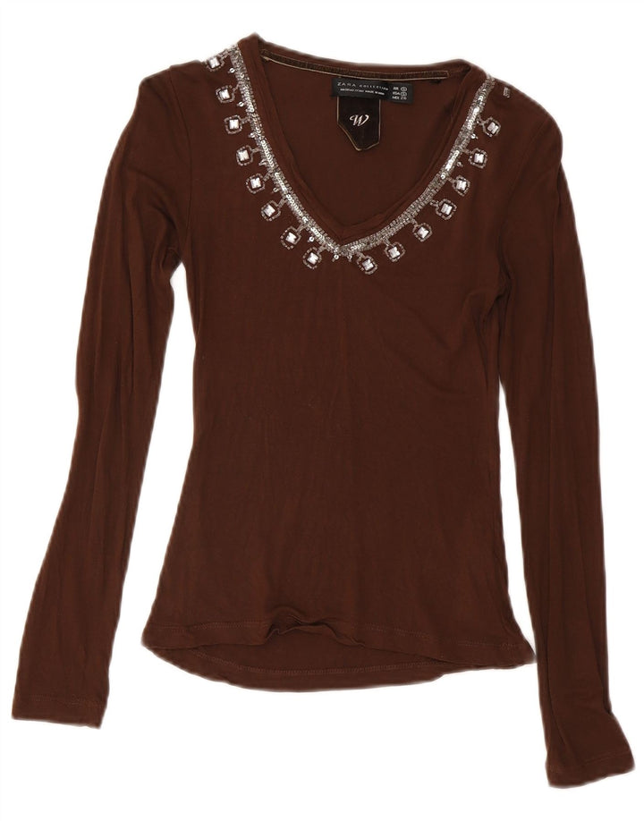 Zara Dame Bluse Top UK 8 Small Brown Viscose