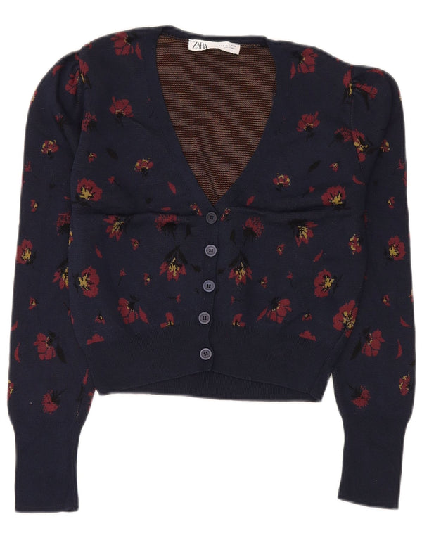 ZARA Womens Crop Cardigan Sweater UK 10 Small Navy Blue Floral Polyamid