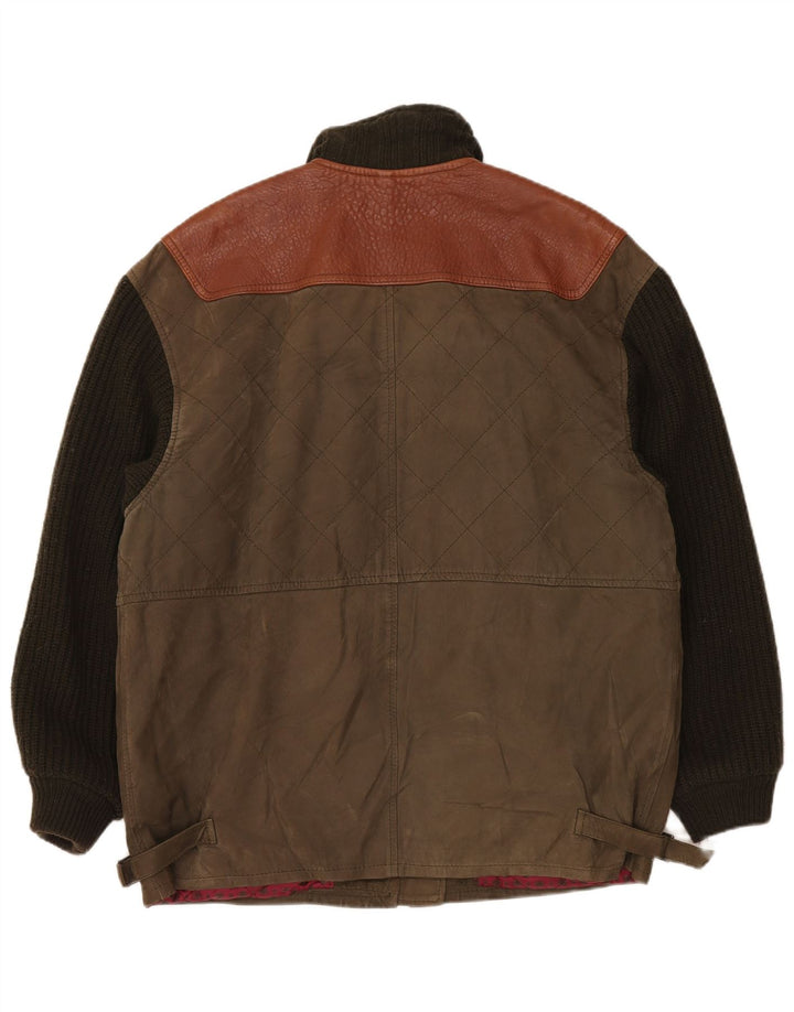 Vintage herrestrikket læderjakke UK 42 XL Khaki Colourblock Classic