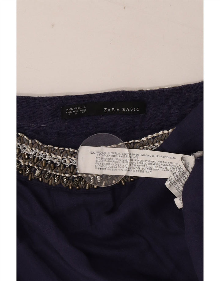 Zara Dame Ærmeløs Oversized Bluse Top UK 10 Small Navy Blue Linen