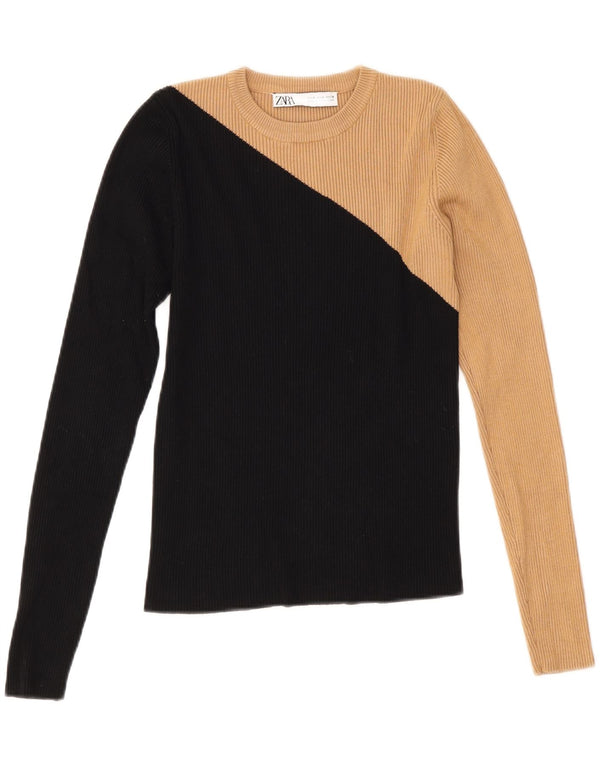 Zara Womens Crop Crew Neck Jumper Sweater UK 12 Medium Black Colourblock
