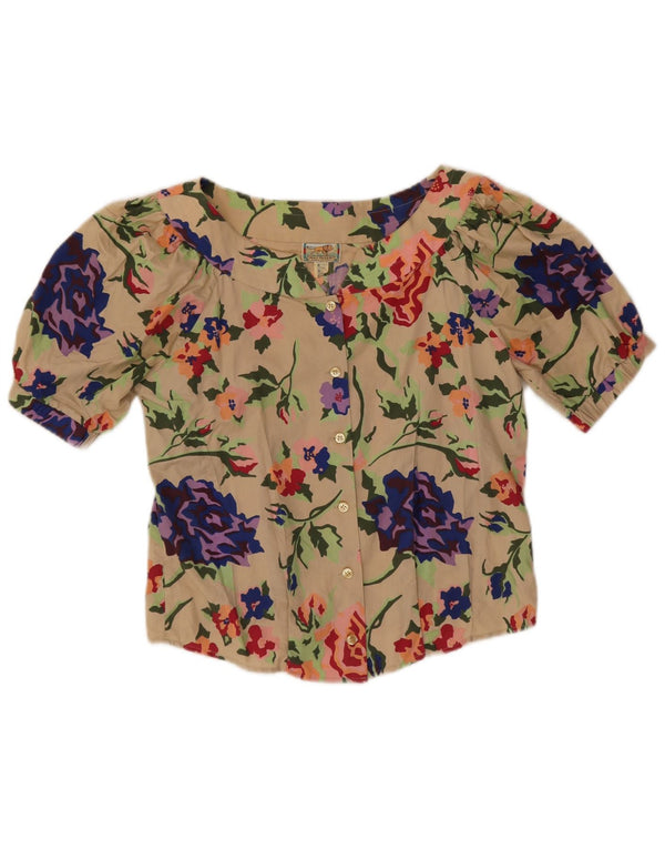 Vintage Womens Crop kortærmet skjortebluse IT 40 Small Beige Floral