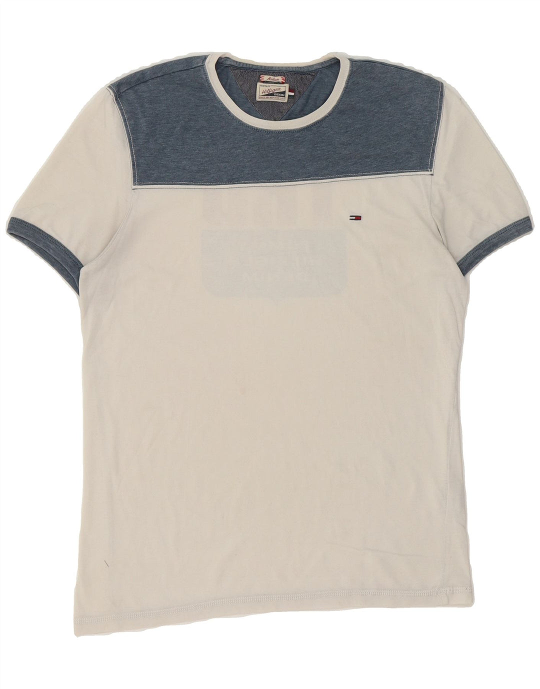 TOMMY HILFIGER Mens Graphic T-Shirt Top Medium White Colourblock Polyester Vintage Tommy Hilfiger and Second-Hand Tommy Hilfiger from Messina Hembry 