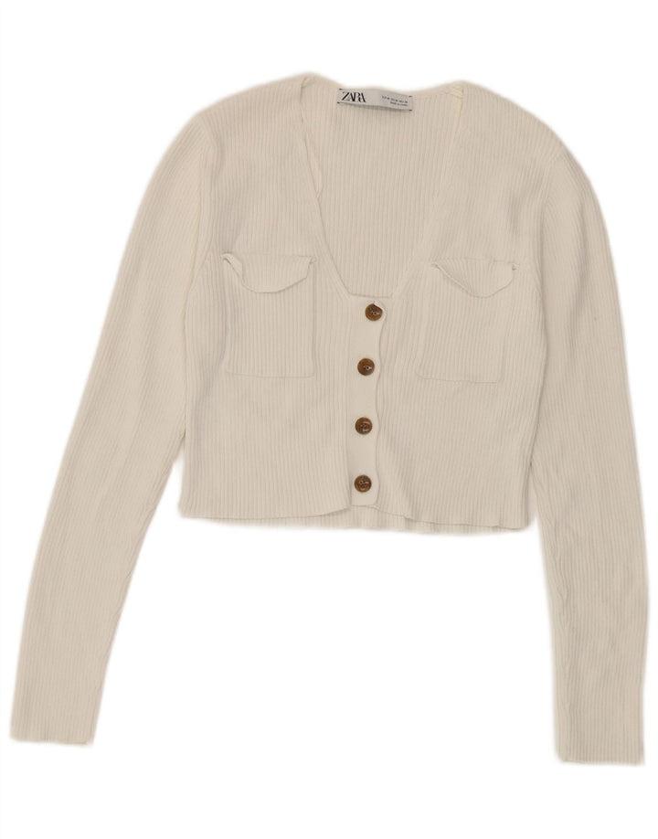Zara Womens Crop Cardigan Sweater UK 12 Medium White Viscose