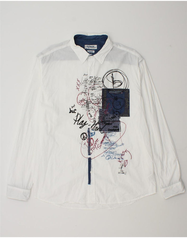 Desigual Herre grafisk Regular Fit skjorte 2XL hvid bomuld