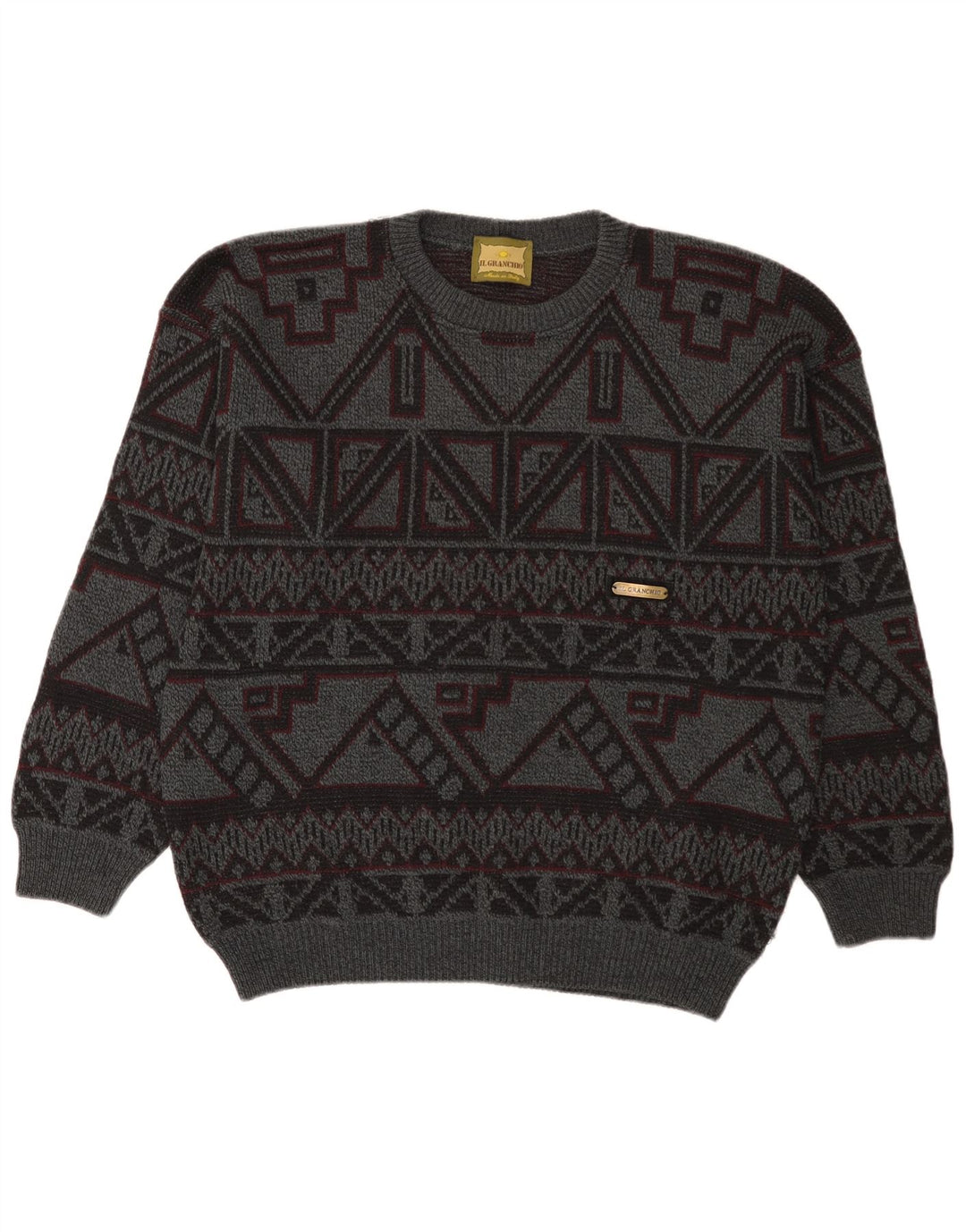 Il Granchio Herre Crew Neck Jumper Sweater Stor Grå Geometrisk Uld