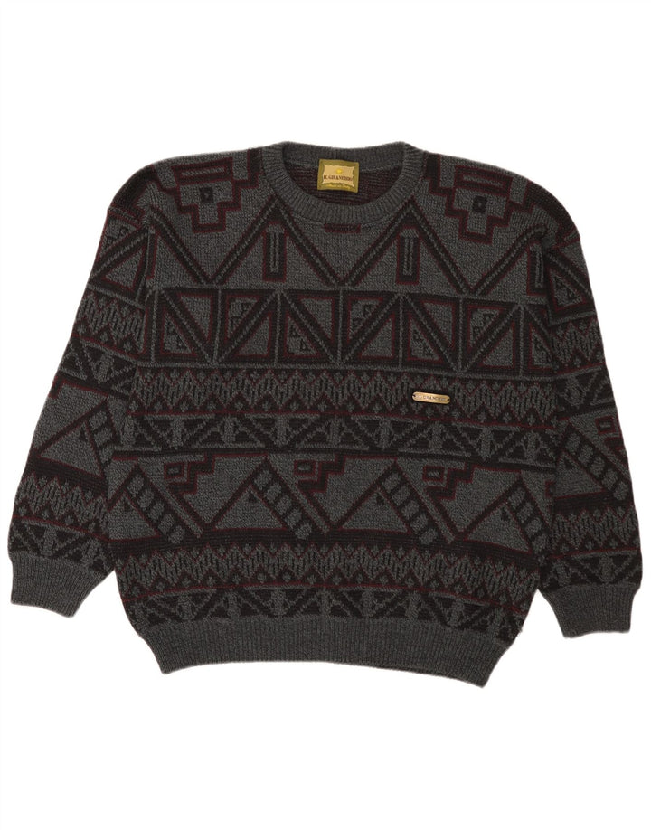 Il Granchio Herre Crew Neck Jumper Sweater Stor Grå Geometrisk Uld
