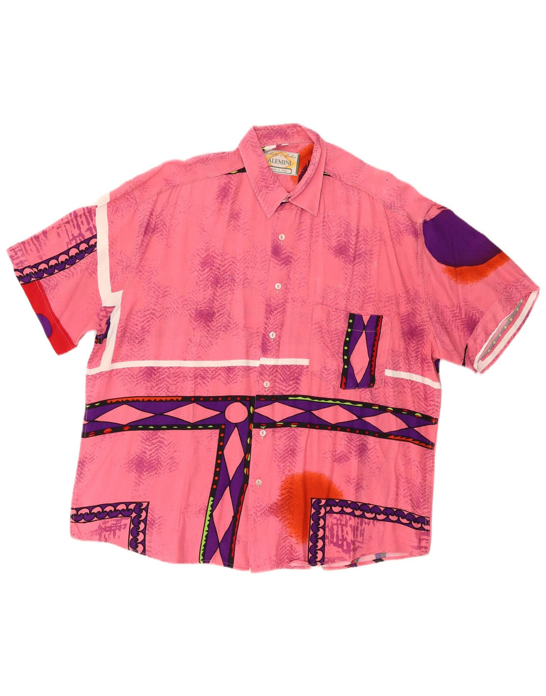 Vintage kortærmet herreskjorte stor pink geometrisk viskose