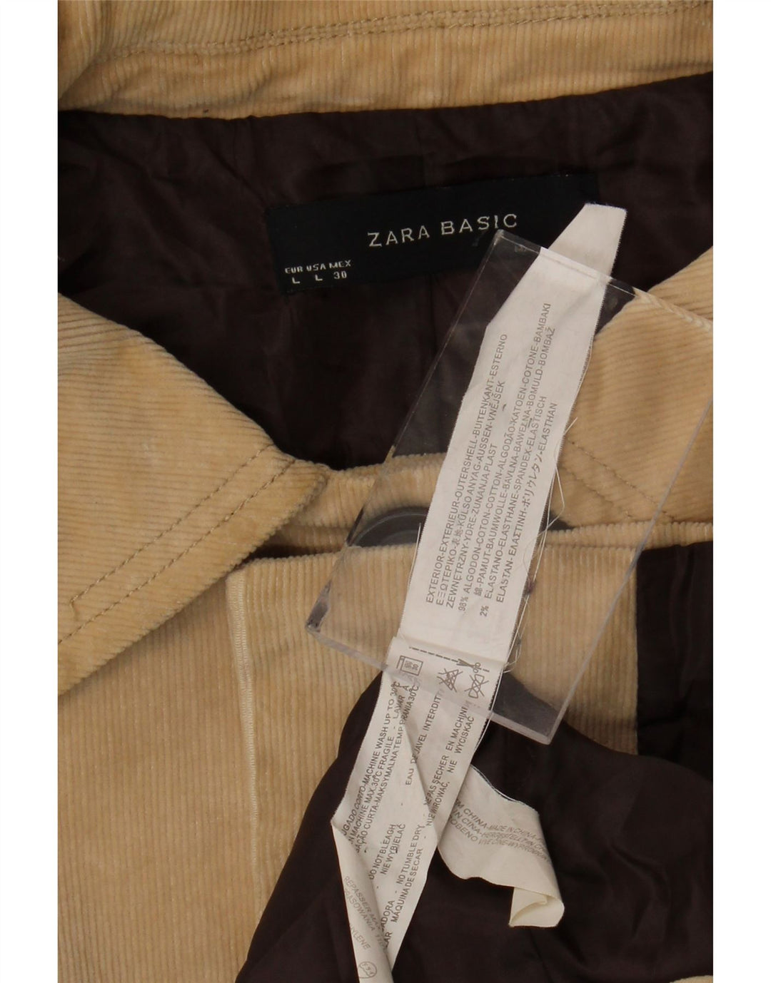 ZARA Damefløjlsjakke UK 16 Stor Beige Bomuld