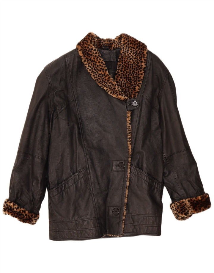 VINTAGE Oversized læderfrakke til kvinder UK 10 Small Black Animal Print