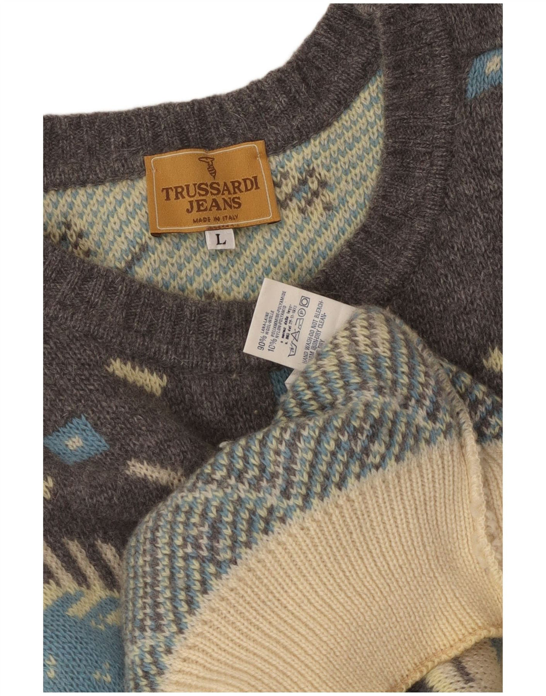 TRUSSARDI JEANS Herre sweater med rund hals, stor Off White Fair Isle