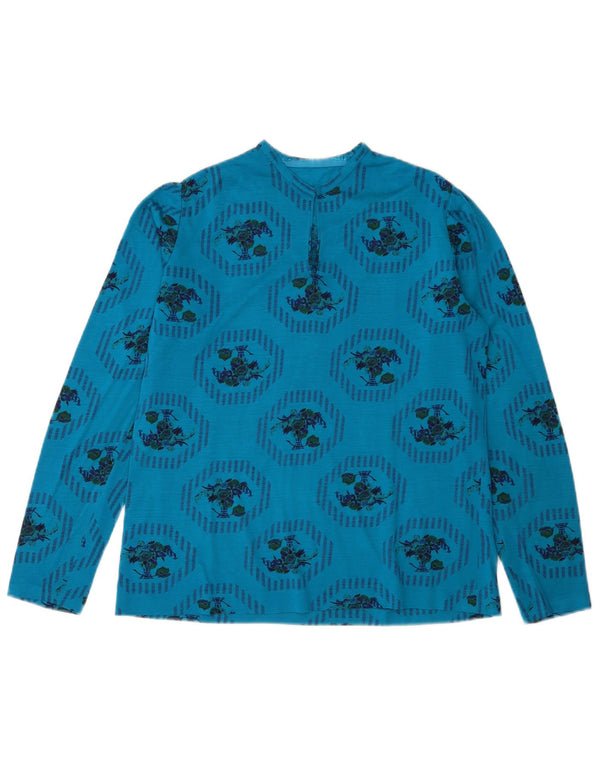 Vintage Kvinders Grafisk Top Langærmet UK 14 Medium Blue Floral