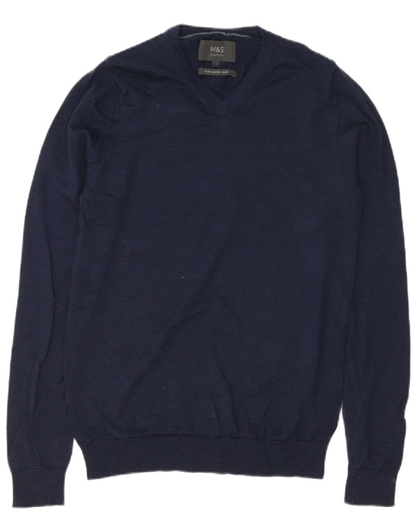 Marks & Spencer Herre V-hals sweater lille marineblå merinould