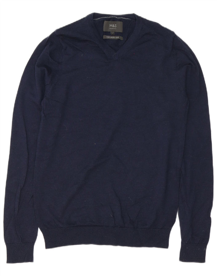 Marks & Spencer Herre V-hals sweater lille marineblå merinould