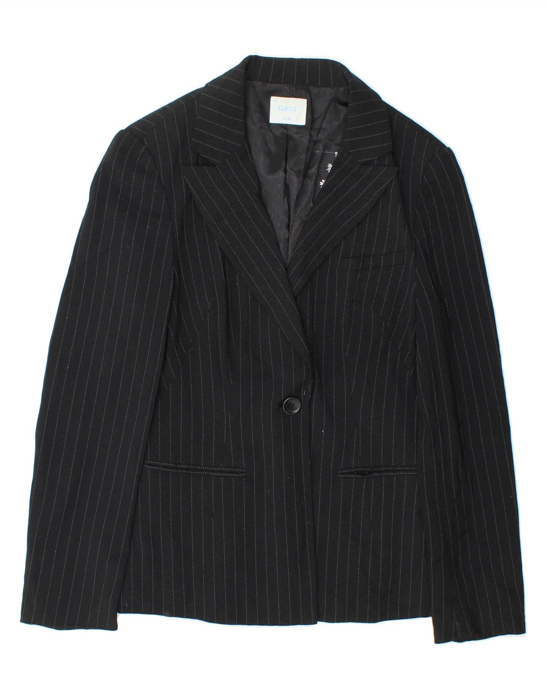 OASIS Womens 1 Button Blazer Jacket UK 10 Small  Black Pinstripe Polyester Vintage Oasis and Second-Hand Oasis from Messina Hembry 