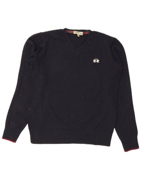La Martina Dame V-hals sweater UK 10 Small Navy Blue Wool