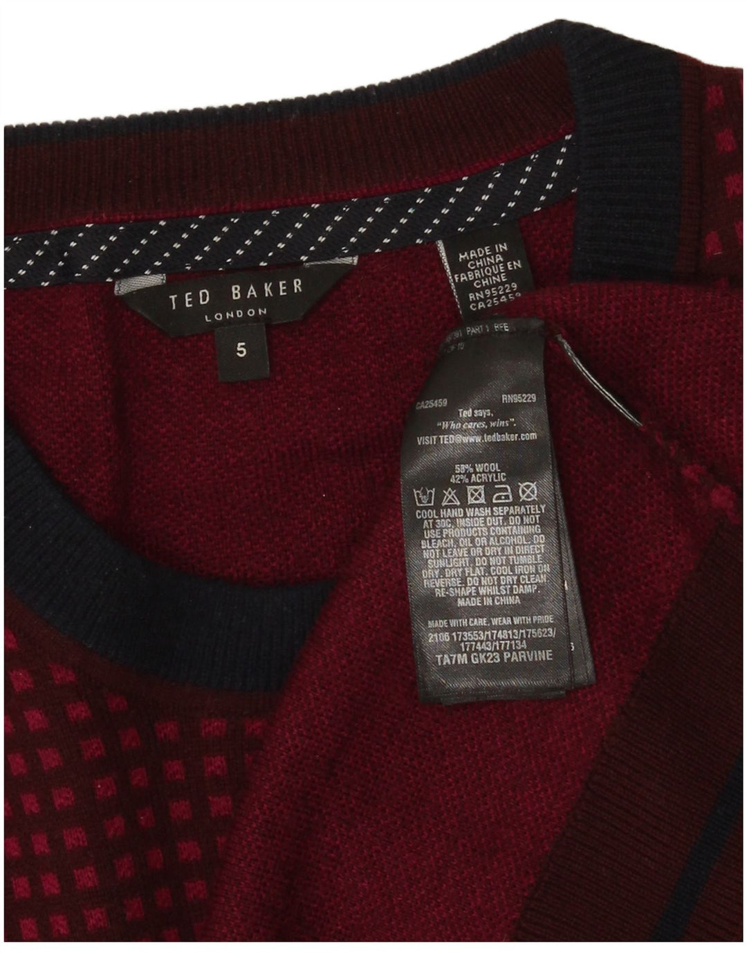 Ted Baker Herre trøjetrøje med rund hals str. 5 XL Burgund ternet uld