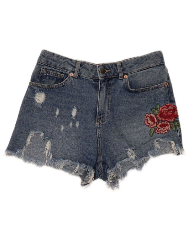 Benetton Womens Distressed Graphic Denim Shorts W28 Medium Blue Floral