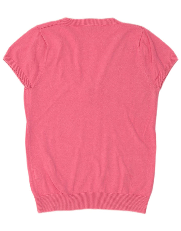 Zara Dame Kortærmet V-hals Jumper Sweater UK 12 Medium Pink Bomuld