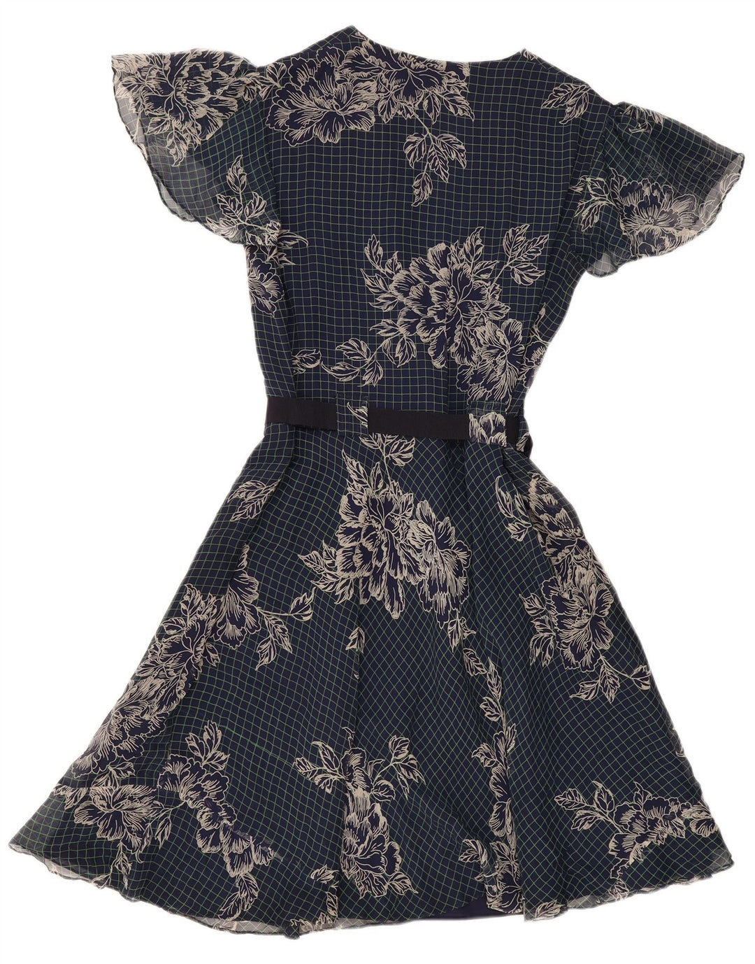 VINTAGE Dame A-Line Kjole UK 12 Medium Navy Blue Floral