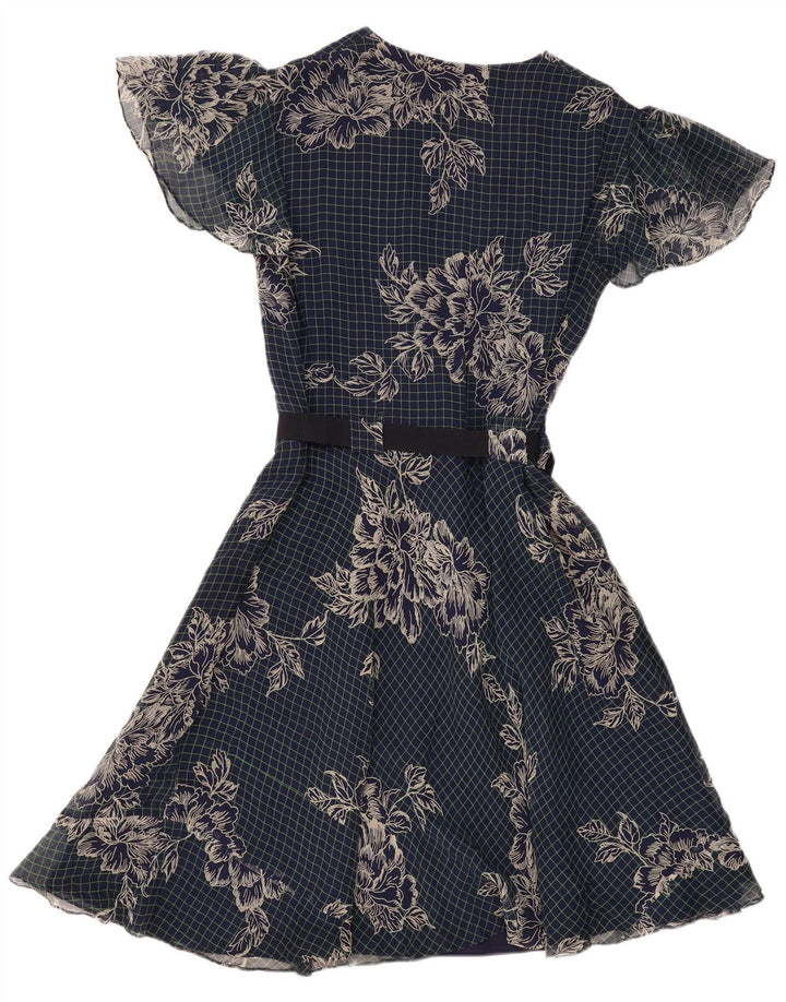 VINTAGE Dame A-Line Kjole UK 12 Medium Navy Blue Floral