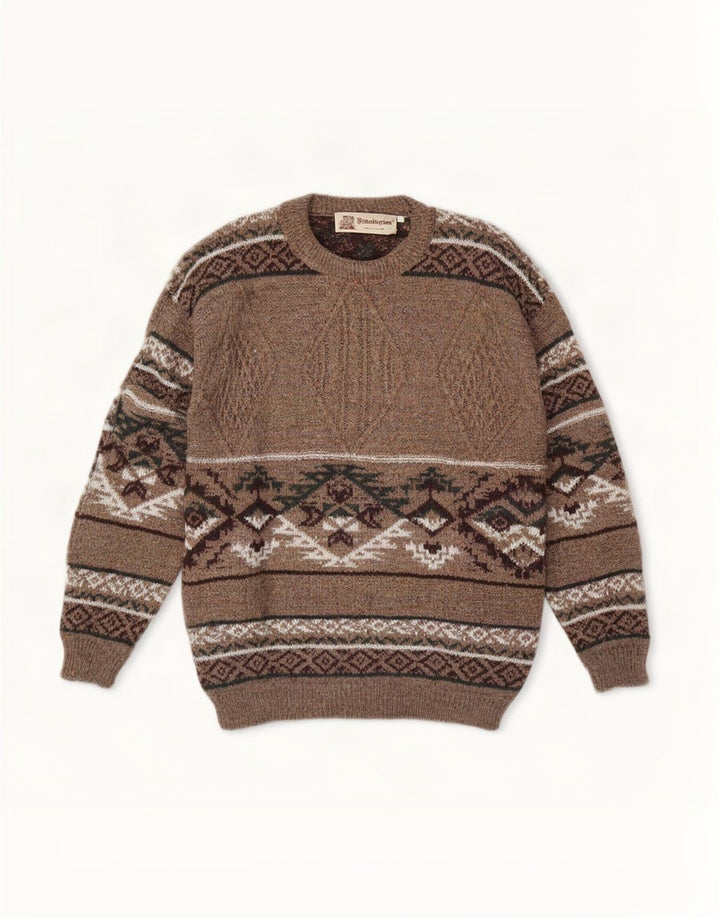 Kennington Herre Crew Neck Jumper Sweater Large Brown Fair Isle Wool