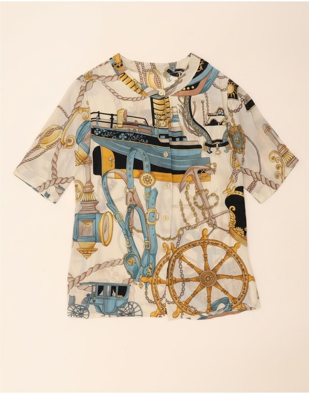 Vintage kvinders abstrakt mønster kortærmet skjortebluse UK 14 Large White