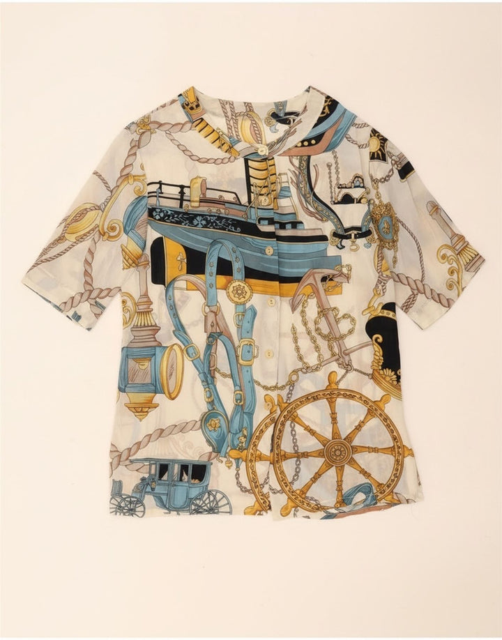 Vintage kvinders abstrakt mønster kortærmet skjortebluse UK 14 Large White