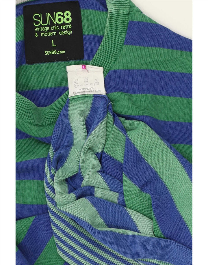 Sun68 Herre rund hals sweater stor blå stribet bomuld