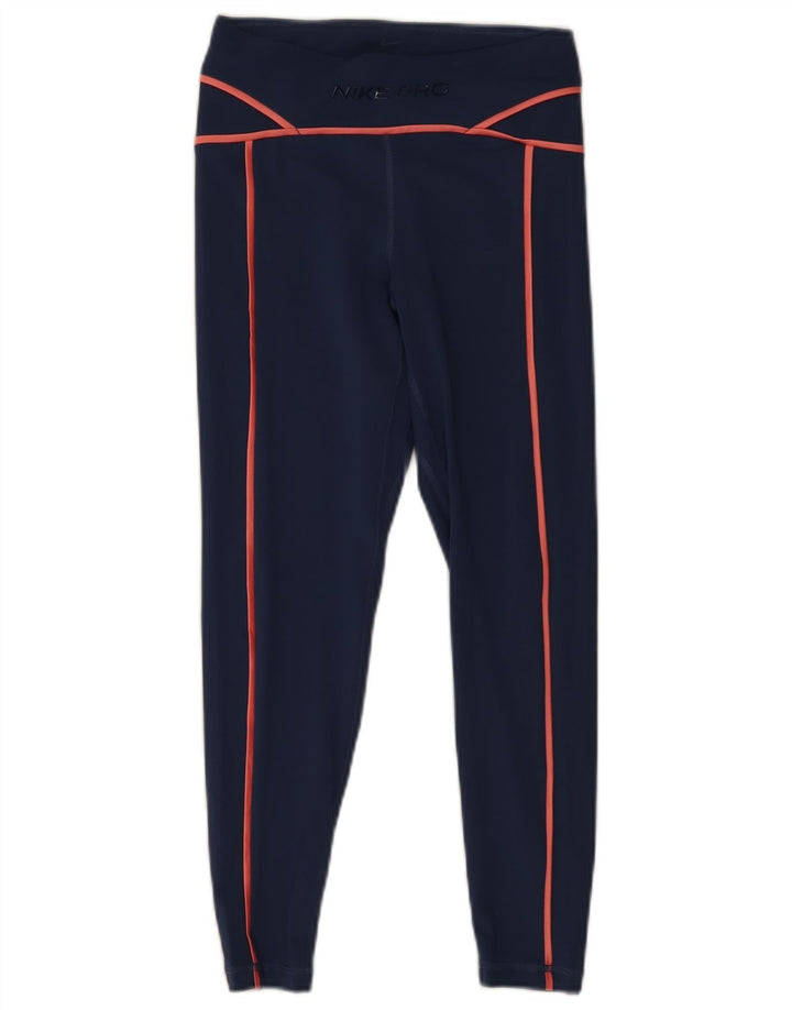 Nike Dame Dri Fit Grafiske Leggings UK 8 Small Navy Blue Polyester