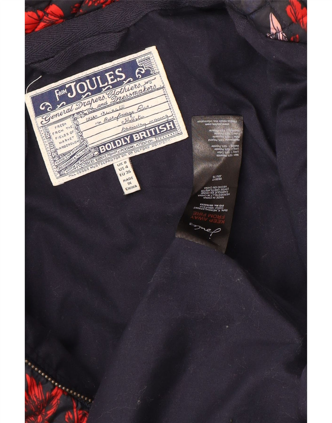 Joules Quiltet jakke til kvinder UK 8 Small Navy Blue Floral Polyamid