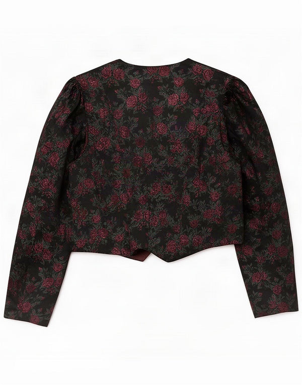 Vintage Dame 3-knaps blazerjakke UK 16 Large Black Floral Acetate