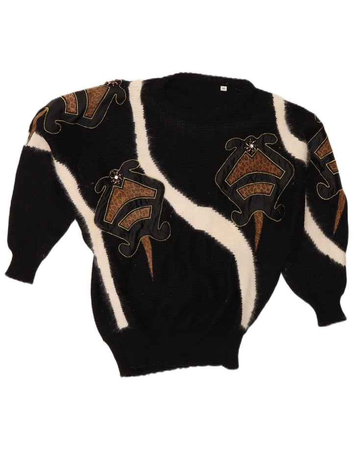 VINTAGE Dame sweater med rund hals EU 38 Medium Black Colourblock