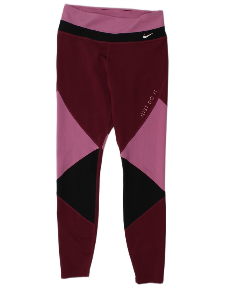 NIKE Dame Dri Fit Leggings UK 14 Medium Burgundy Colourblock Polyester