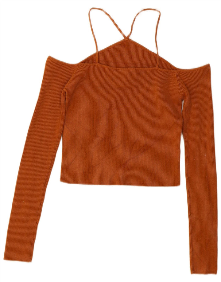 ZARA Womens Crop Knit Off Shoulder Top UK 12 Medium Brown Viscose