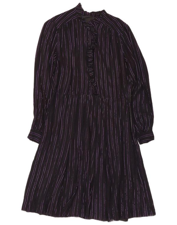 Vintage Kvinder Flæse Front A-Line Kjole UK 14 Medium Lilla Stribet