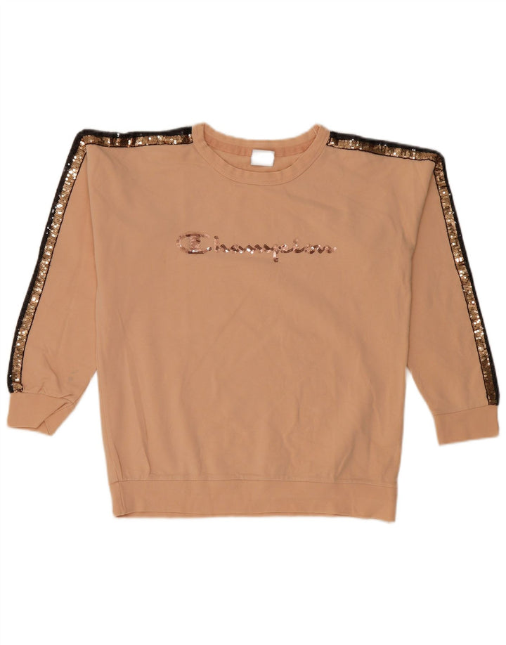 Champion Dame Grafisk Sweatshirt Jumper UK 10 Small Beige Colourblock