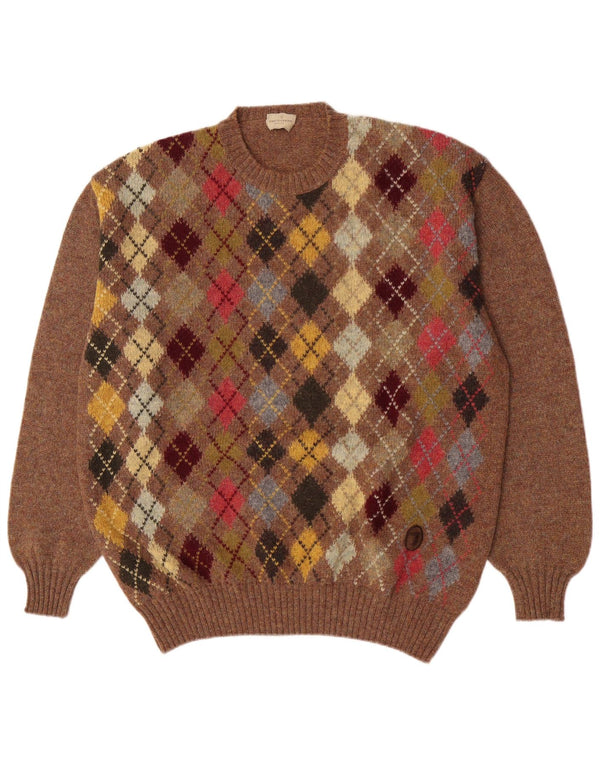 Trussardi Herre sweater med rund hals XL Brun Argyle/Diamond Virgin Wool
