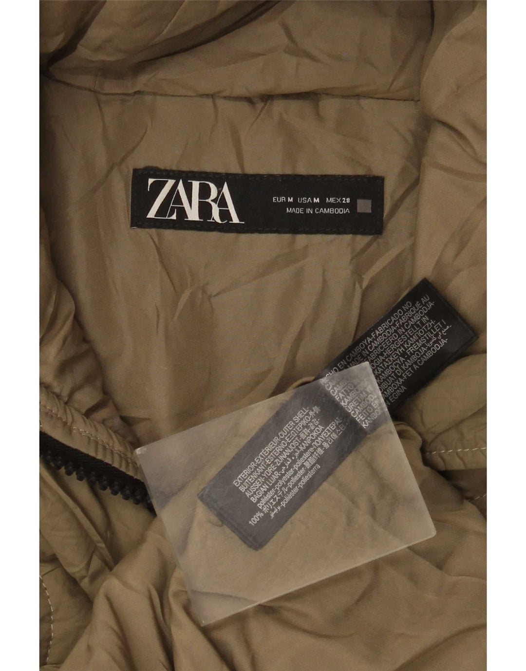 Zara Dame Hætte Oversized Polstret Jakke UK 14 Medium Khaki Polyester